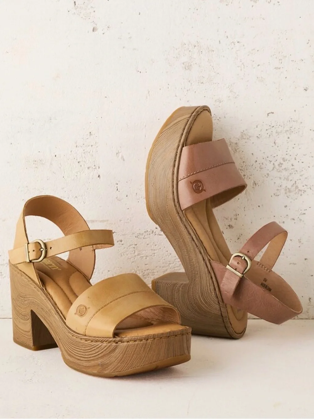 Born Beige Leather Platform Sandals with Wood-Look Wedge Women’s Size 7M